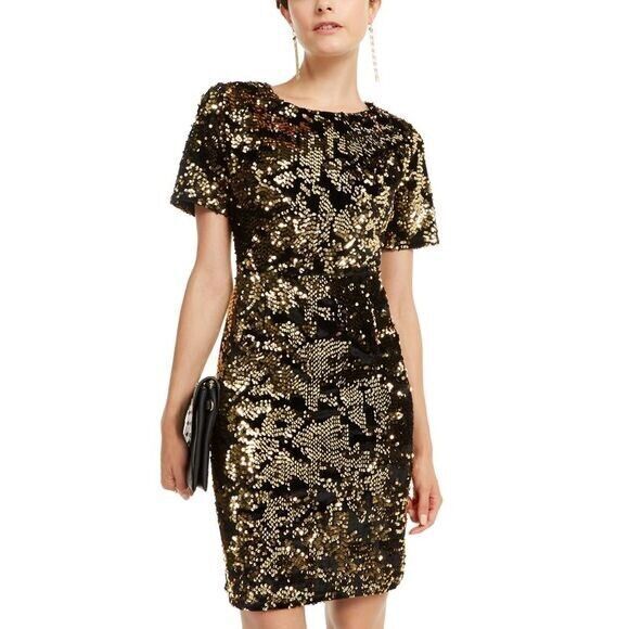 INC INT. Black Gold Velvet Sequin Evening Party Short Sleeve Dress Petite L NWT - Picture 1 of 12